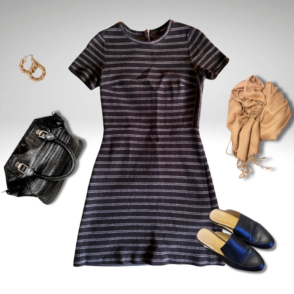 Madewell Black Striped Classic Fit & Flare Winter Capsule Knit Dress Sz 2